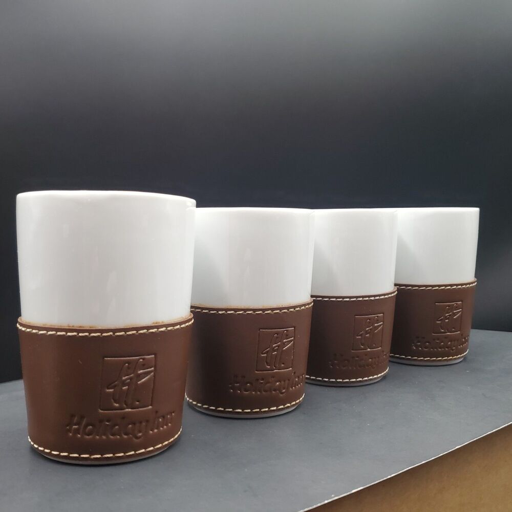 4 Vtg Holiday Inn Milk Glass Style Tumbler Cups w/ Embossed Faux Leather Sleeves
